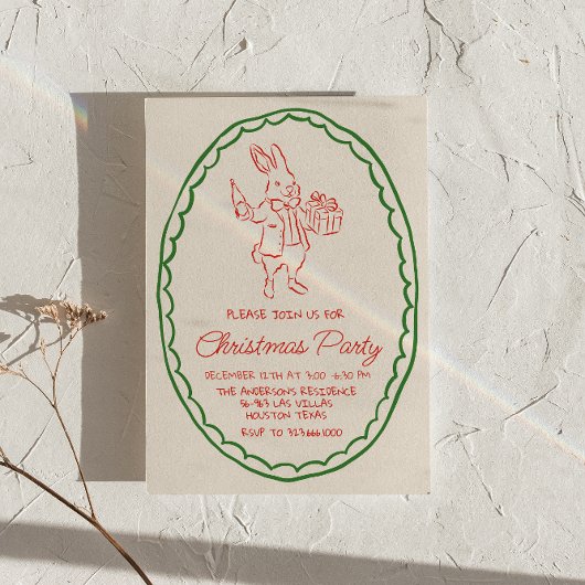 Retro Rustic Hand Drawing Red Christmas Rabbit Par Einladung