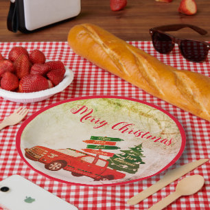 Retro-Rustikal-Vintage-Roter LKW Frohe Weihnachten Pappteller