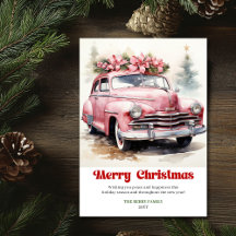 Retro-rustikale Weihnachtsszene rosa Auto Grußkart