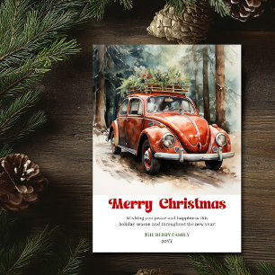 Retro-rustikale Weihnachtsszene rotes Auto Grußkar Feiertagskarte