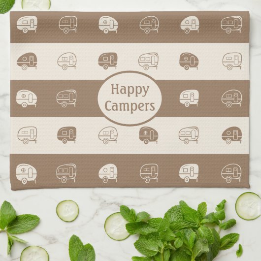 Retro RV Anhänger Happy Campers Light Brown & Crea Geschirrtuch (Gefaltet)