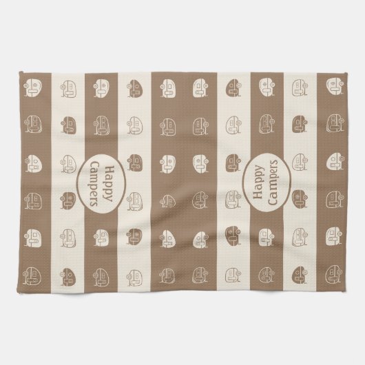 Retro RV Anhänger Happy Campers Light Brown & Crea Geschirrtuch (Horizontal)
