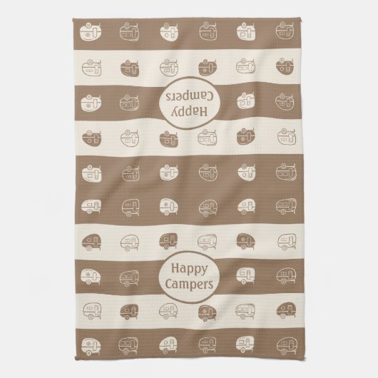 Retro RV Anhänger Happy Campers Light Brown & Crea Geschirrtuch (Vertikal)