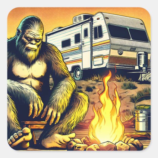 Retro RV Sasquatch Camping Quadratischer Aufkleber (Vorderseite)