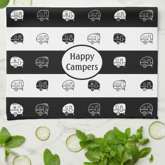 Retro RV Trailer Happy Campers Black & White Geschirrtuch (Gefaltet)