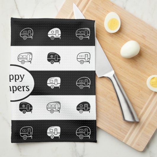 Retro RV Trailer Happy Campers Black & White Geschirrtuch (Viertel Falte)