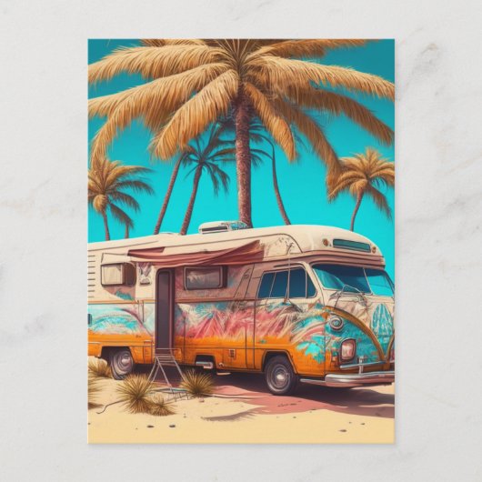 Retro RV und Palmen Postkarte (Vorderseite)
