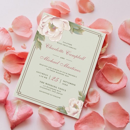 Retro Sage and Blush Wedding Peony Floral Einladung