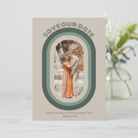 Retro Sage Green Arch Foto Rette unser Datum Einladung (Stehend Vorderseite)