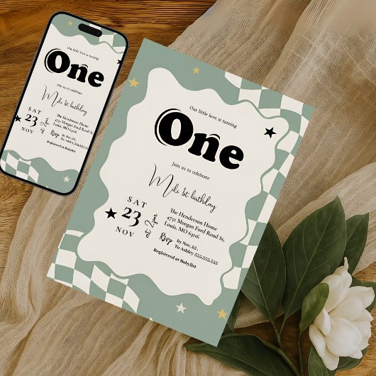 Retro Sage Green Checkered Groovy One 1st Birthday Einladung