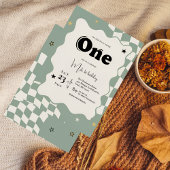 Retro Sage Green Checkered Groovy One 1st Birthday Einladung