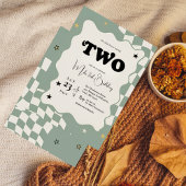 Retro Sage Green Checkered Groovy Two 2nd Birthday Einladung