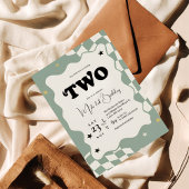 Retro Sage Green Checkered Groovy Two 2nd Birthday Einladung