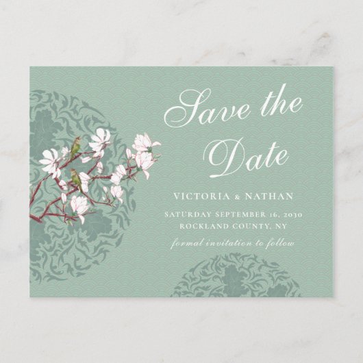Retro Sage Green Chinoiserie Save the Date Postkarte (Vorderseite)