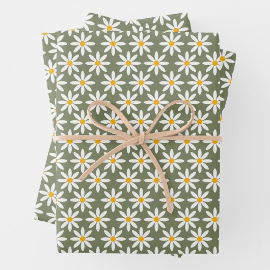 Retro Sage Green Daisies Blumenmuster Geschenkpapier Set (Beispiel)