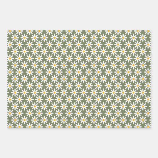 Retro Sage Green Daisies Blumenmuster Geschenkpapier Set (Vorderseite)