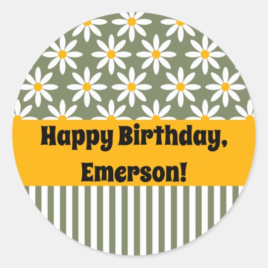 Retro Sage Green Daisies Blumenmuster Runder Aufkleber (Vorderseite)