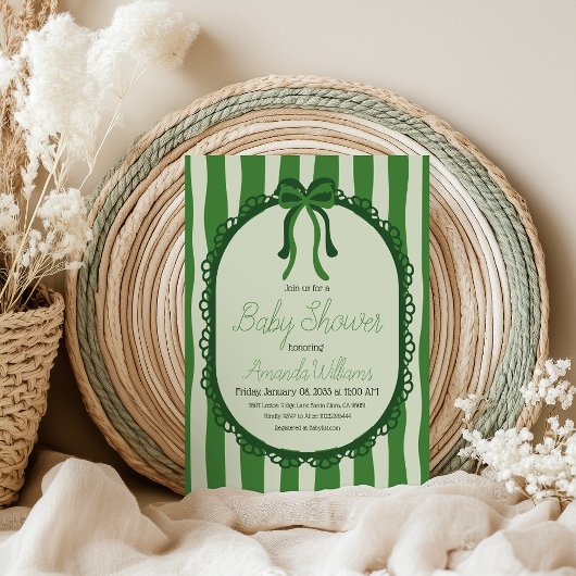 Retro Sage Green Stripes Bow Baby Shower Einladung