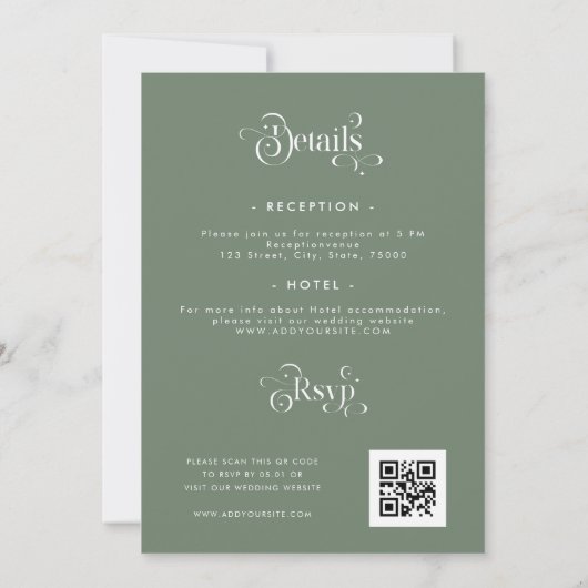 Retro Sage Moss Green in einem QR Code Hochzeitsco Einladung (Rückseite)