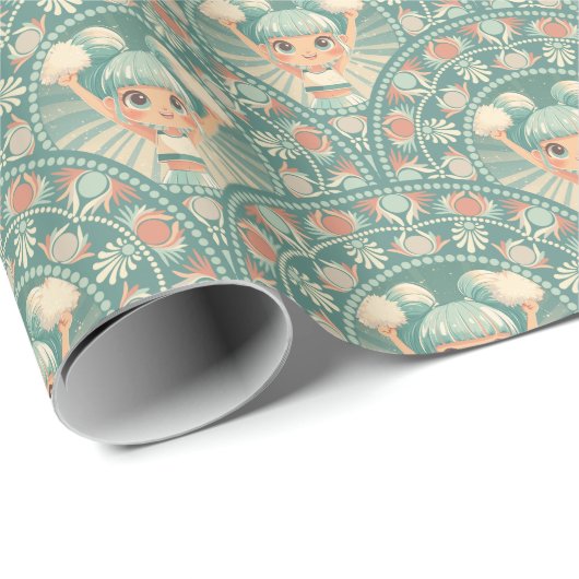 Retro Sage & Sand Cheerleader Mandala Deko Scallop Geschenkpapier (Rolleneckpunkt)