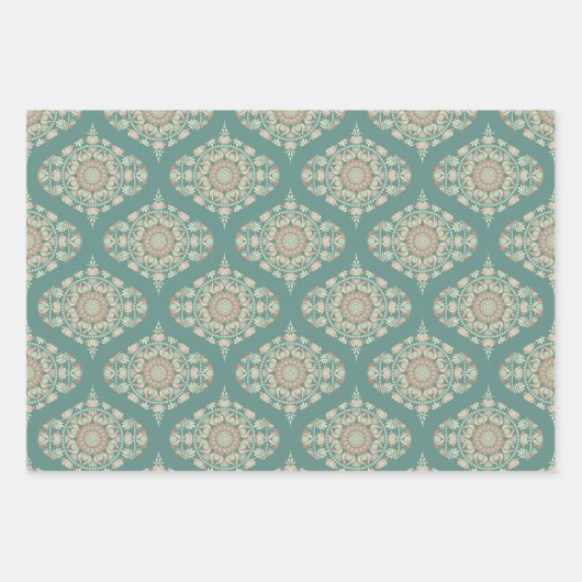 Retro Sage & Sand Verziert Mandala Ogee Damask Geschenkpapier Set (Vorderseite)