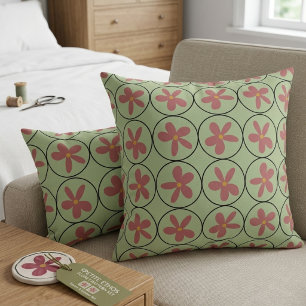 Retro-Salbei-Grün- und Rosa-Blumen-Akzentkissen Kissen