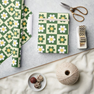 Retro Salbeigrün und Creme Gänseblümchen Karomuste Geschenkpapier