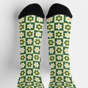 Retro Salbeigrün und Creme-Rand-Daisy-Karo Socken