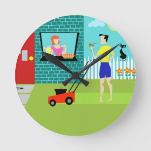 Retro-Samstag-Morgen-Acryl-Runduhr Runde Wanduhr