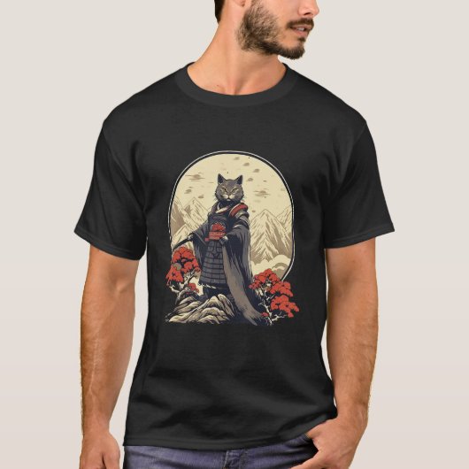 Retro Samurai Cat Japanese Inspired Cat T-Shirt (Vorderseite)