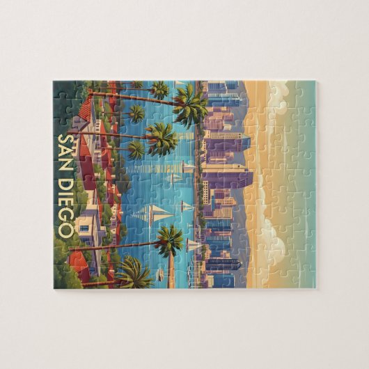 Retro San Diego California Coastal Skyline Puzzle (Horizontal)