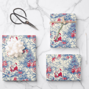 Retro Santa Blue & Red Christmas Tree Toile Wrap Geschenkpapier Set