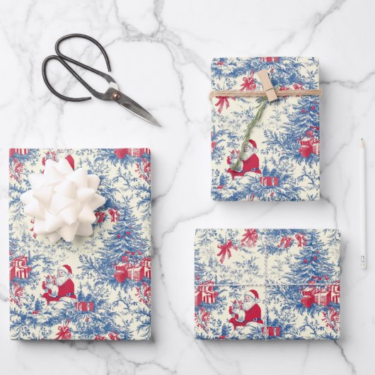 Retro Santa Blue & Red Christmas Tree Toile Wrap Geschenkpapier Set (Vorderseite)
