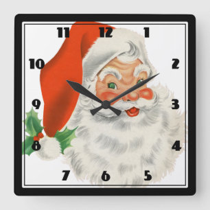 Retro Santa Claus and Holly Quadratische Wanduhr