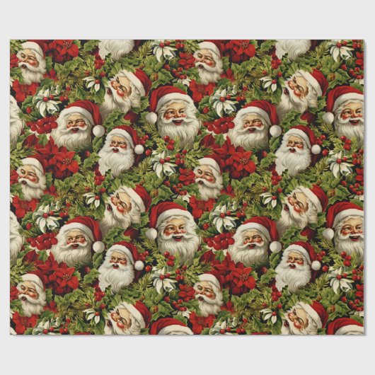 Retro Santa Claus Faces und Holly Geschenkpapier (Flach)