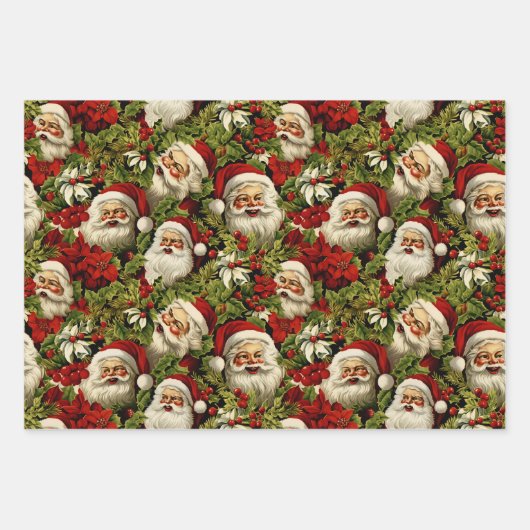 Retro Santa Claus Faces und Holly Geschenkpapier Set (Vorderseite)