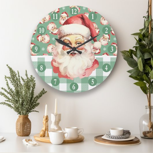Retro Santa Claus Grün und Weiß Karierte Weihnacht Große Wanduhr