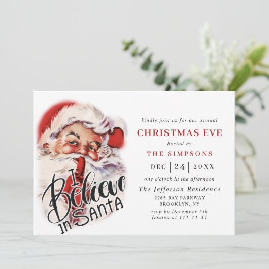 Retro Santa Claus Holiday CHRISTMAS EVE Einladung (Stehend Vorderseite)