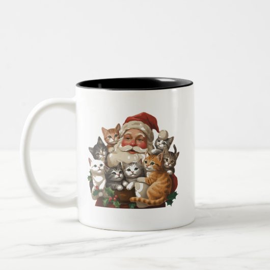 Retro Santa Claus & Kittens Christmas Winter 90s  Zweifarbige Tasse (Links)