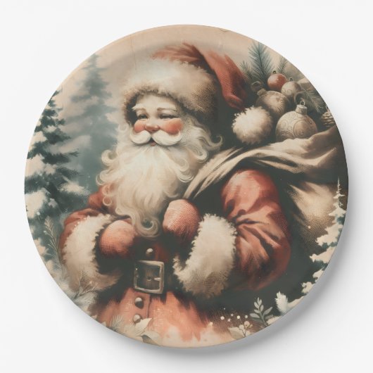 Retro Santa Claus mit Ornamenten Pappteller (Vorderseite)