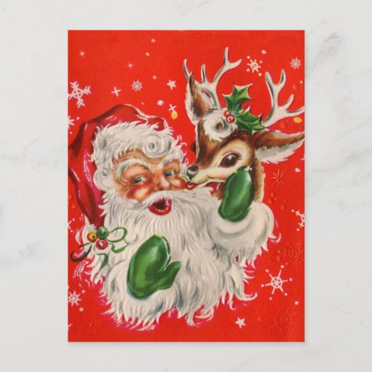 Retro Santa Claus & Rentier Weihnachtskarte Postkarte (Vorderseite)
