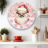 Retro Santa Claus Rosa und Weiß Karierte Weihnacht Große Wanduhr