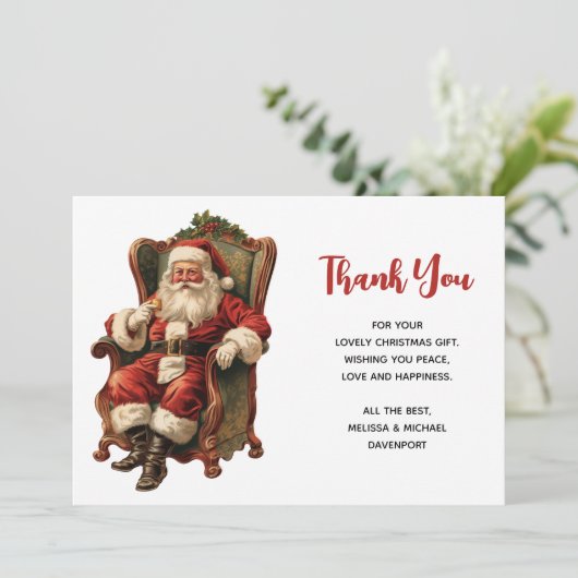 Retro Santa Claus sitzt in einem Stuhl Weihnachten Dankeskarte (Stehend Vorderseite)