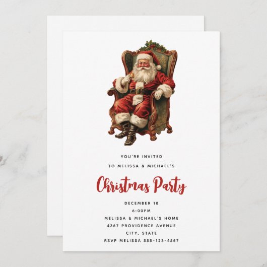 Retro Santa Claus sitzt in einem Stuhl Weihnachten Einladung (Vorne/Hinten)