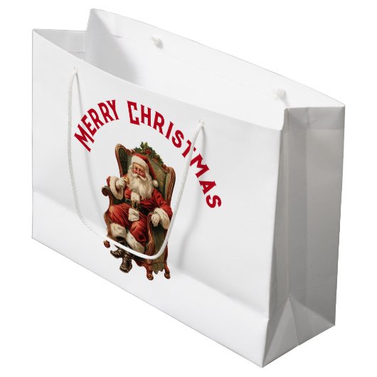 Retro Santa Claus sitzt in einem Stuhl Weihnachten Große Geschenktüte (Vorderseite Schrägansicht)