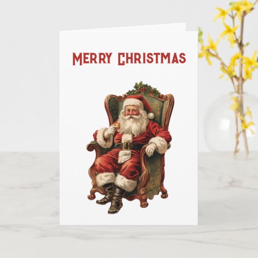 Retro Santa Claus sitzt in einem Stuhl Weihnachten Karte (Gelbe Blume)