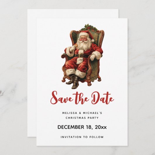 Retro Santa Claus sitzt in einem Stuhl Weihnachten Save The Date (Vorne/Hinten)