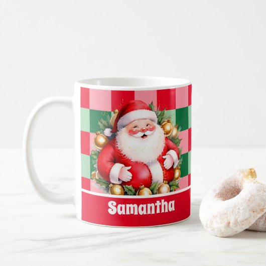 Retro Santa Claus Tartan Karierte Weihnachten Kaffeetasse (Mit Donut)