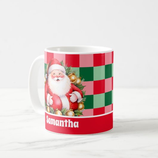 Retro Santa Claus Tartan Karierte Weihnachten Kaffeetasse (Vorderseite Links)