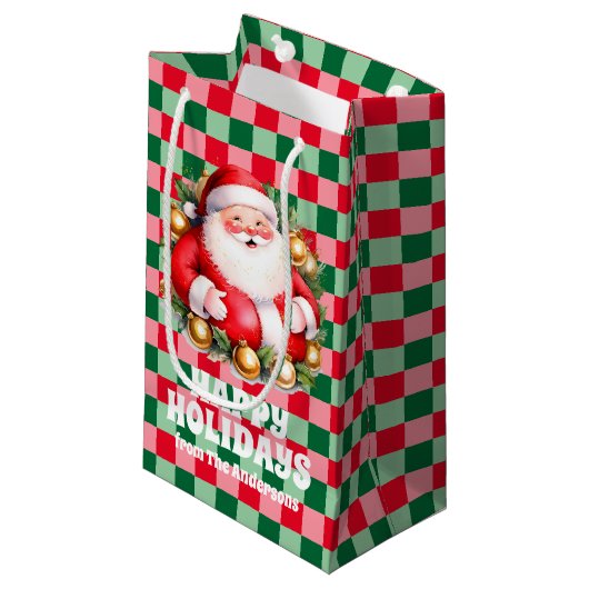 Retro Santa Claus Tartan Karierte Weihnachten Kleine Geschenktüte (Vorderseite Schrägansicht)